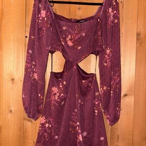 Forever 21 Burgundy Floral Long-Sleeve Cutout Dress